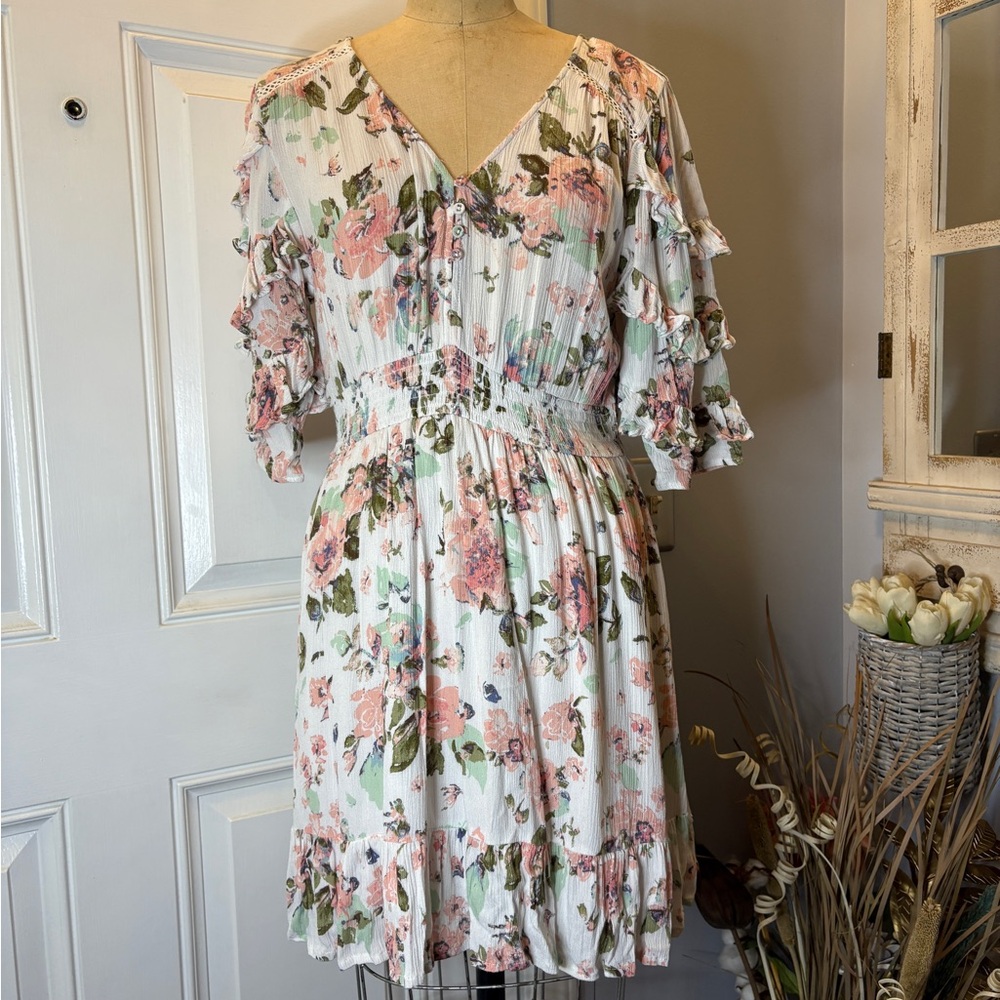 American Rag Floral Midi Dress w/ Ruffle Sleeves Soft Aesthetic Boho Chic SZ Med
